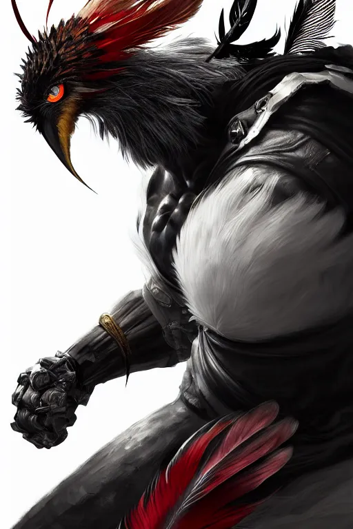 Image similar to Tekken 4 fighter anime Stunning Portrait right side profile giant Robot Owl with feathers all over its body, short black feathers with a samurai sword on its back, in a fighting stance, digital painting, artstation, concept art, soft light, hdri, smooth, sharp focus, illustration, art by tian zi, craig mullins, Mark Arian, WLOP, alphonse mucha