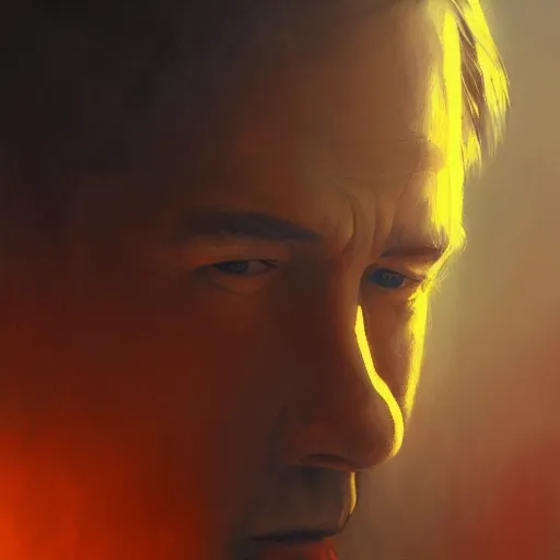 Image similar to closeup portrait of bill hicks, dramatic lighting, city background, chiaroscuro, high detail, painted by greg rutkowski, painted by igor kieryluk, painted by bobby chiu, trending on artstation