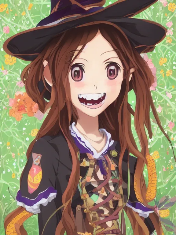 Image similar to A goodsmile anime figure Full shot of a cute mischievous young witch about to get up to some trouble with her playful snake familiar. Latin American fashion. Floral patterns. Black and Orange palette. Magic. Latina girl. brown skin. defined facial features, symmetrical facial features. Smiling. Key Art. Fantasy Illustration. award winning, Artstation, intricate details, realistic, Hyperdetailed, 8k resolution.