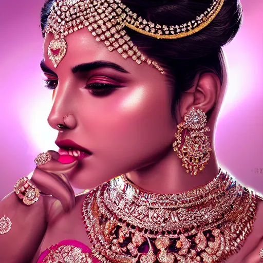 Prompt: portrait of wonderful hindi princess of diamond with radiant skin, ornate with diamonds, 8 k, gorgeous, intricate, detailed, glowing white accent lighting, dramatic lighting, octane render
