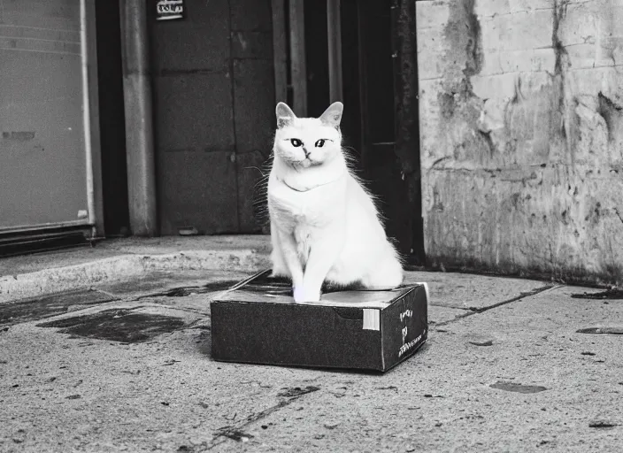 Image similar to photography of a Cat sitting on a box. in a cyberpunk street, award winning photo, 100mm, sharp, high res