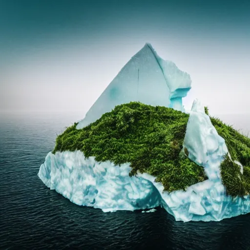 Prompt: an iceberg with overgrown plants on top, middle of the ocean, morning fog