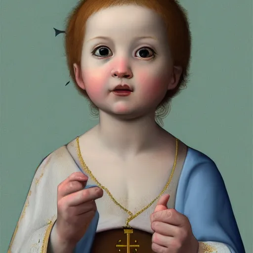 Prompt: Renaissance portrait of a holy catholic baby, trending on art station, 4k UHD, 8k, painting illustration, realistic lighting, high detail