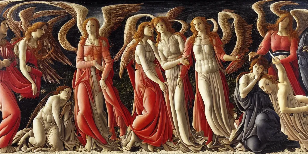 Image similar to Angels holding red spiral Spears descend from the heaven to cast judgment on the humans who try to run below their feet, oil painting by sandro botticelli, highly detailed, renaissance art, 8k