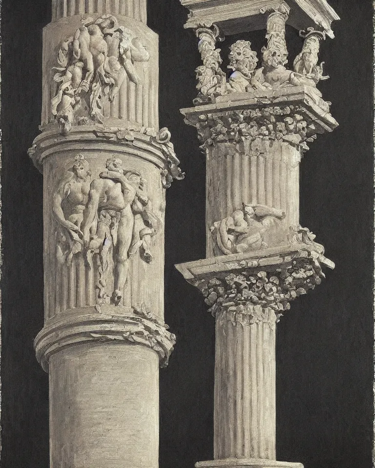 Image similar to achingly beautiful painting of intricate ancient roman corinthian capital on black background by rene magritte, monet, and turner. giovanni battista piranesi.