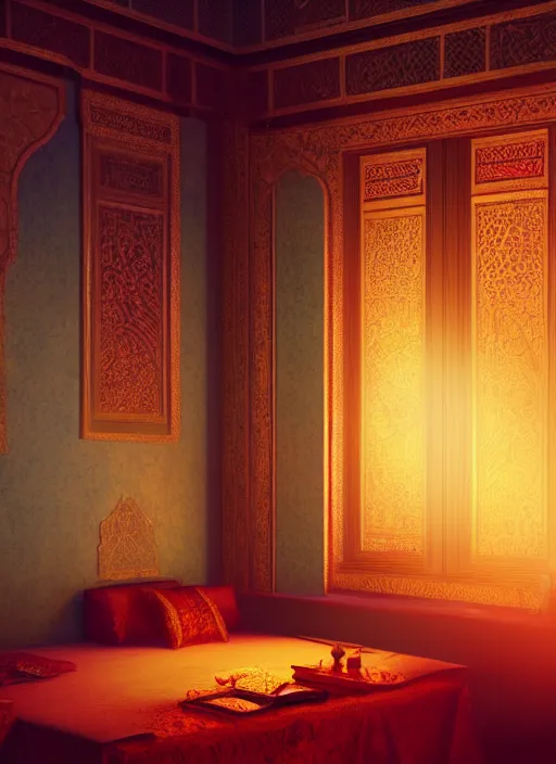 Image similar to beautiful interior of an arabian nights bedchamber, orientalism style, delphin enjolras, goro fujita, makoto shinkai, volumetric lighting, exquisite lighting, octane render, trending on artstation