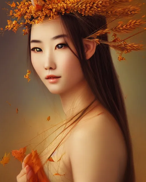 Prompt: goddess of autumn, with wheat ears on her head, chinese beauty, half - length head portrait, dreamy, beautiful, by wlop