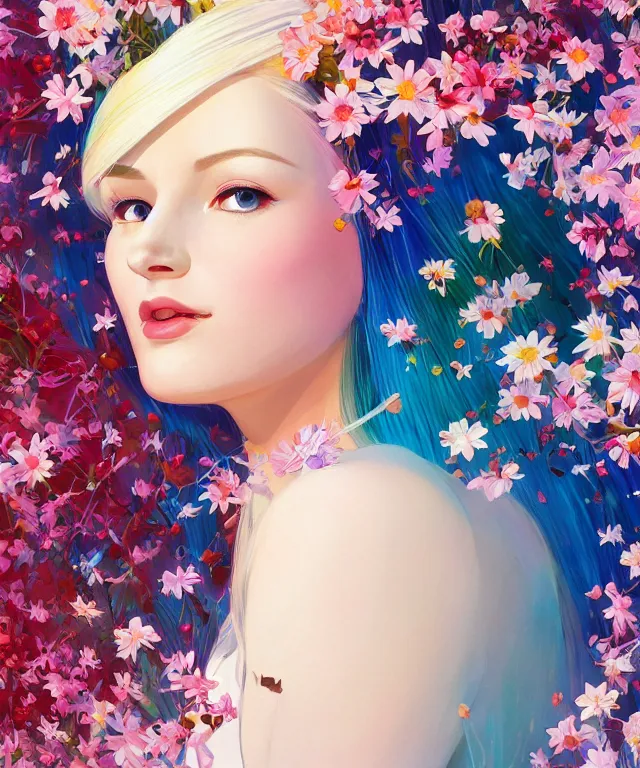 Prompt: half - electricity woman, white and multicolored hair, surrounded by flowers, cosmic background, with cute - fine - face, pretty face, realistic shaded perfect face, fine details by realistic shaded lighting poster by ilya kuvshinov katsuhiro otomo, magali villeneuve, artgerm, jeremy lipkin and michael garmash and rob rey