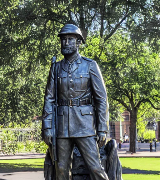 Prompt: a 4 k photorealistic photo medium shot waist up of a bronze statue of a young american soldier with a beard in a park