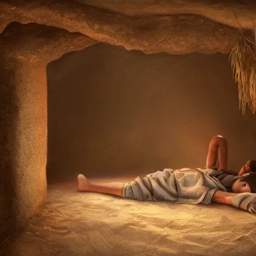 Image similar to Beautiful hyperrealistic detailed matte portrait painting of 12 year old middle eastern skinned boy with short hair and Biblical clothing sleeping. Interior of ancient tent. Nightime. Light rays shine onto his body. post processing, ultra detailed, trending on artstation