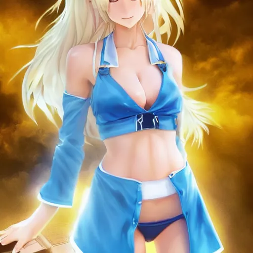 Image similar to full body shot : a very beautiful young blond basketball anime girl, sky blue eyes, bikini, white miniskirt, highly detailed, cinematic wallpaper by stanley artgerm lau