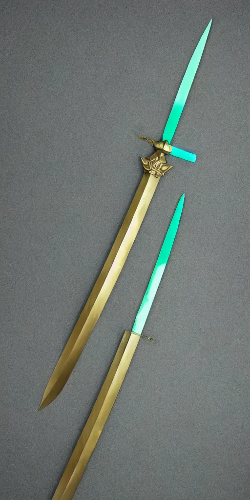 Image similar to photograph of a wide green and teal crystal sword blade attached to a big gold sword hilt