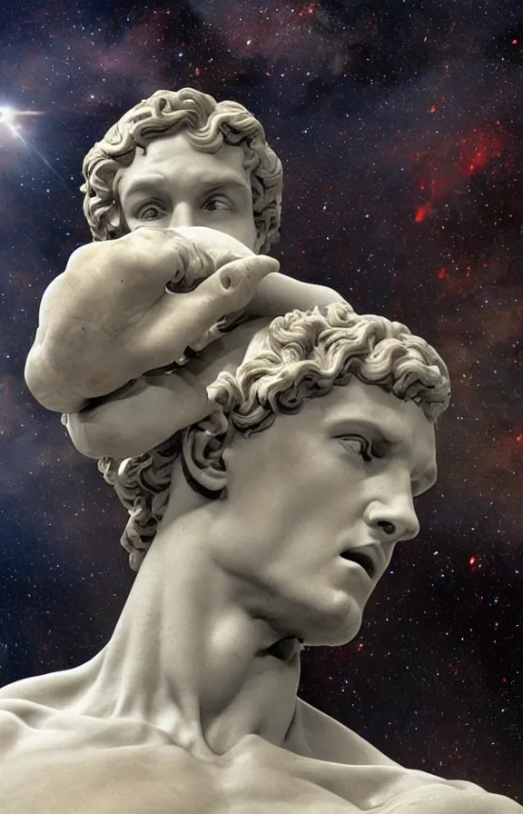 Prompt: David of Michelangelo bust in the middle of galactic deep space