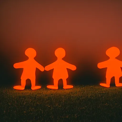 Prompt: a wide angle photo of three small orange glowing people rising into the sky, far away, inspiring, beautiful, brightly colored, paranormal