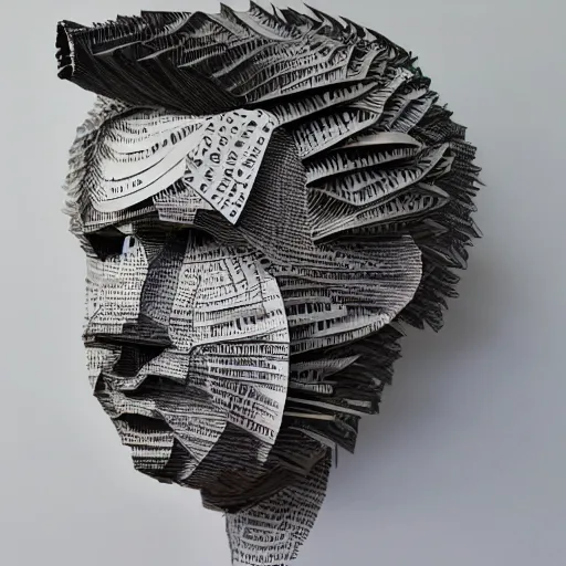 Prompt: a cut paper sculpture that looks like walter cronkite