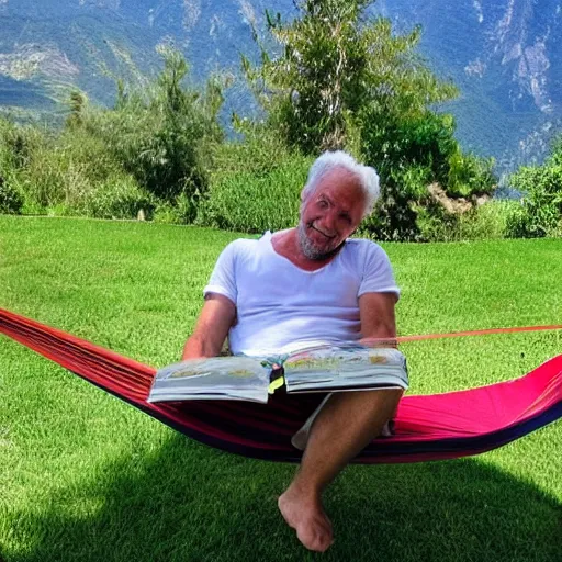 Image similar to my older italian wise friend on a hammock, reading new book, gravity is strong, he is very relaxed, mountains in a background