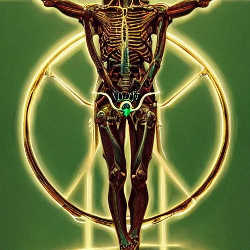 Image similar to vitruvian man, detailed robotic skeleton, green neon heart, symetry, golden ratio, intricate, detailed, volumetric lighting, scenery, digital painting, highly detailed, artstation, sharp focus, illustration, artstation, art by artgerm and greg rutkowski and alphonse mucha