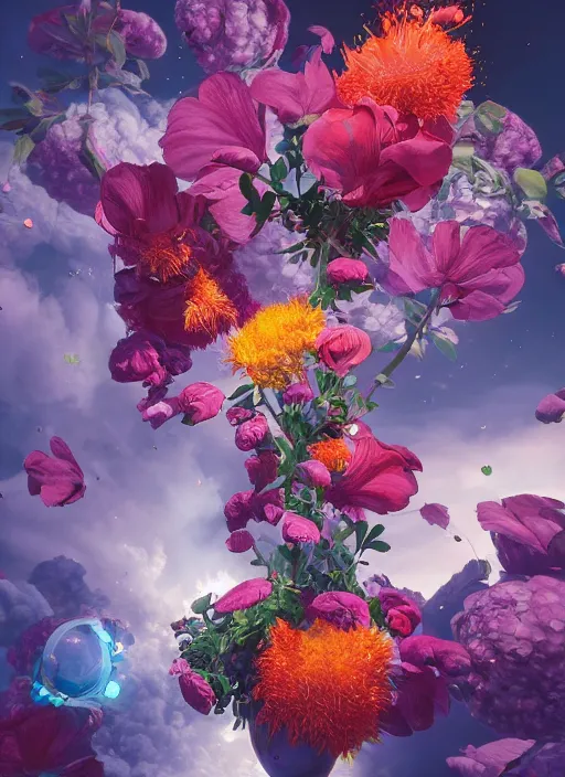 Image similar to An epic fantastic realism comic book style painting of the most beautiful flowers launched into space, bouquets, fisheye lens, unreal 5, DAZ, hyperrealistic, octane render, dynamic lighting