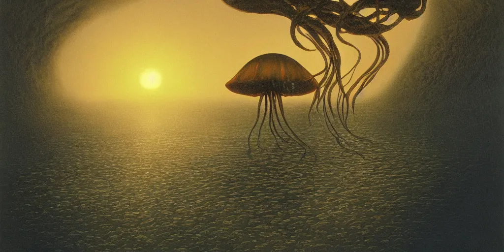 Prompt: Artwork by Michael Whelan of the cinematic view of a brutal realm of secretive tropical rainforests, sublittoral jellyfish schools, and soft-sanded coastlines, illuminated only by dim, distant light from a far sun.