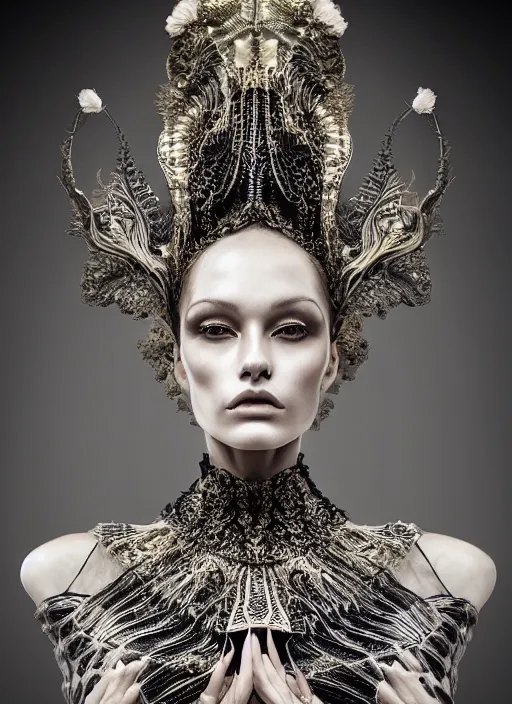 Prompt: portrait of beautiful female super model, perfect symmetrical pose, sharp, by irakli nadar with intricate detailed wearing victorian dress designed by alexander mcqueen and rocky gathercole, haunting, elite, elegant, ruan jia, dark, hyper detailed, concept art, by gustav klimt, dynamic lighting, sharp focus, sharp focus, intricate, detailed