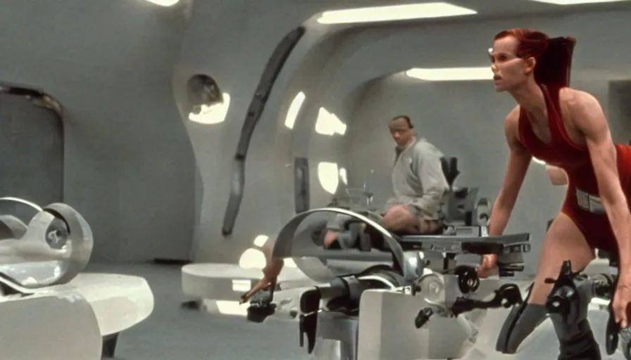 Image similar to The matrix, LeeLoo, Starship Troopers, Olivia Pope, 1960's Olympics footage, Sprinter athletes recovering from a race, tuning their mechanical legs with mechanics helping, intense moment, cinematic stillframe, backlit, The fifth element, vintage robotics, formula 1, starring Geena Davis, clean lighting