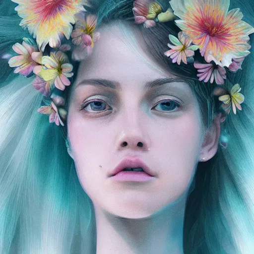 Prompt: high detail portrait of a beautiful woman with her hair down and surrounded by soft florals, vaporwave lighting, dewy skin, concept art, beautiful