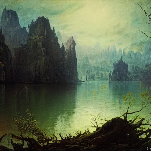 Image similar to an ethereal intricate and fantastically horrifying hyperdetailed painting of a lake by darrell bush, zaria forman, maxim grunin, carina francioso, jan van goyen, and caspar david friedrich 8 k resolution