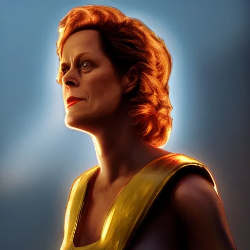 Image similar to sigourney weaver as goddess athena, hyperdetailed, hyperrealistic, volumetric lights, golden hour, 8 k, trending on artstation