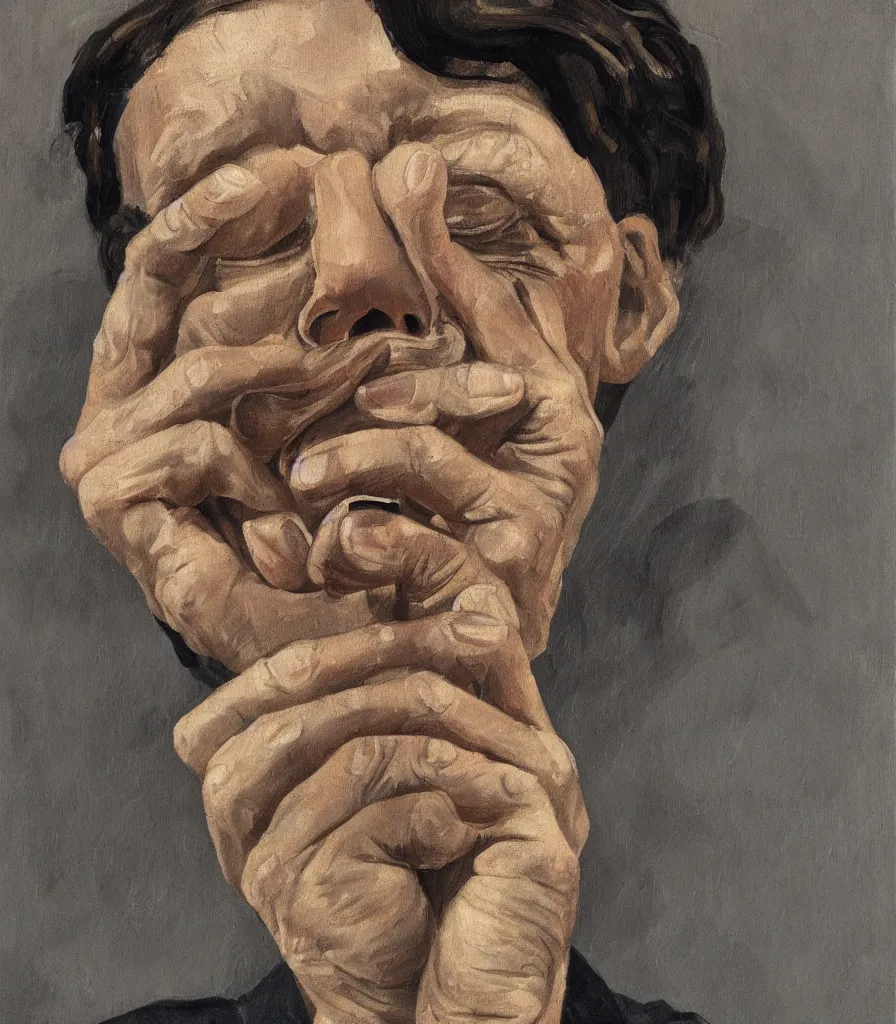 Image similar to portrait in the style of lucian freud. smoking a cigarette, mouth slightly open. face has many wrinkles, cuts and character. he is looking down. oil painting, thick brush strokes. hard, strong shadows. high contrast. clean gray brown background. lit by a single hard light from above their heads. perspective from below. 3 0 mm. hyperrealistic.