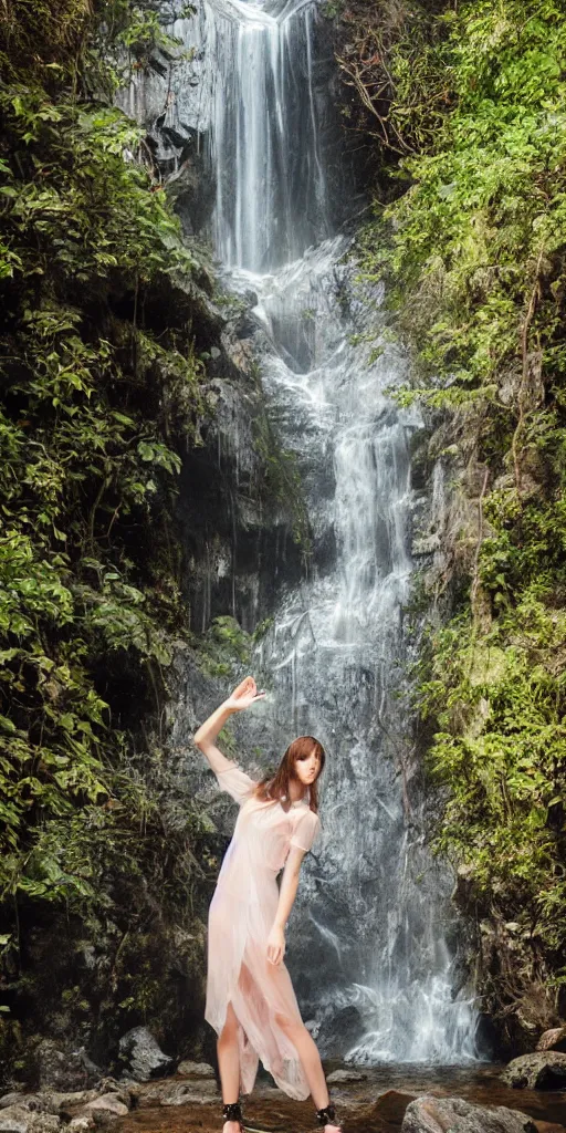 Prompt: a model wearing a translucent dress under a waterfall, natural lighting, by martine johanna