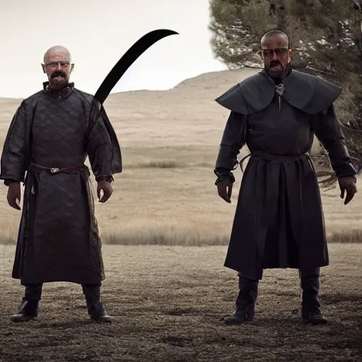 Prompt: walter white and gustavo fring dress like knights from game of thrones, fighting with swords, cinematic, highly - detailed, 8 k, hbo, game of thrones, realistic