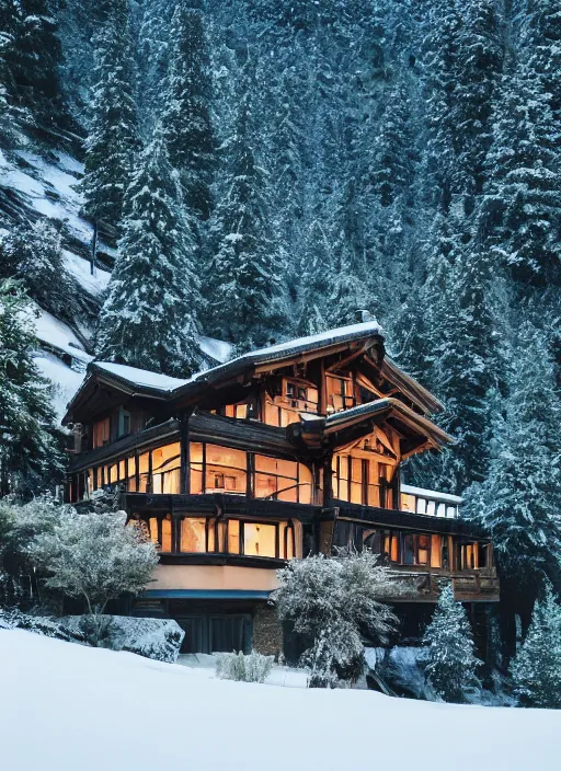 Image similar to an exquisite holiday home in the middle of the snowcapped mountains of france, visible through the lush overgrowth, architectural photography, dark and dim lighting, beautiful, tranquil, moody, cinematic, fantasy, 3 5 mm lens, volumetric lighting, first person view, photographic render, hyper realistic