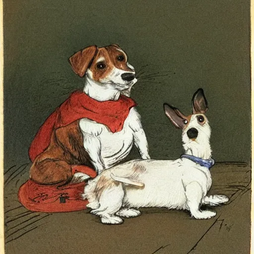 Prompt: portrait of jack russel terrier crying on the dog bed, illustrated by peggy fortnum and beatrix potter and sir john tenniel