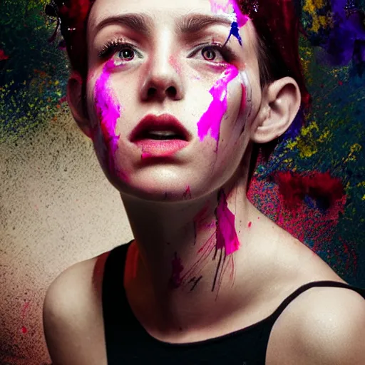 Image similar to women portrait made out of exploding paint, short hair, octane render, highly detailed, comic book art