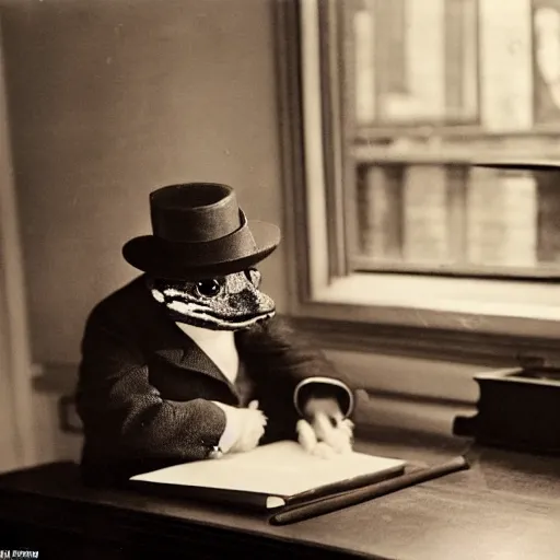 Image similar to cinematic, beautiful, ultra detailed, precise, award winning photo by saul leiter of an aristocrat animal frog wearing a perfect suit and a perfect hat sitting behind a perfect victorian desk, 1 9 4 0 s, vintage photography