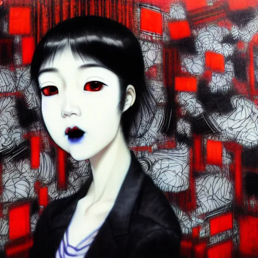 Image similar to yoshitaka amano blurred and dreamy realistic three quarter angle portrait of a young asian woman with black lipstick and black eyes wearing dress suit with tie, junji ito abstract patterns in the background, satoshi kon anime, noisy film grain effect, highly detailed, renaissance oil painting, weird portrait angle, blurred lost edges