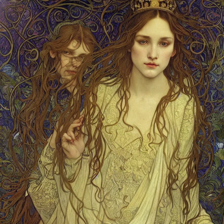 Image similar to detailed realistic beautiful young medieval queen face portrait by jean delville, alphonse mucha, vincent van gogh, and marco mazzoni, art nouveau, symbolist, visionary, gothic, pre - raphaelite