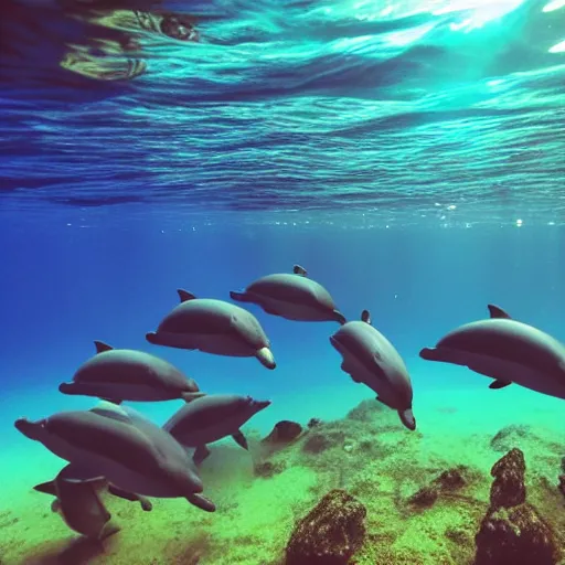 Prompt: underwater ocean, twelve dolphins, cosmos, school of dolphins, family, swimming to surface, calm, photograph, realistic, peaceful, light rays, beautiful, majestic, dapple, camera angle from below, distance,
