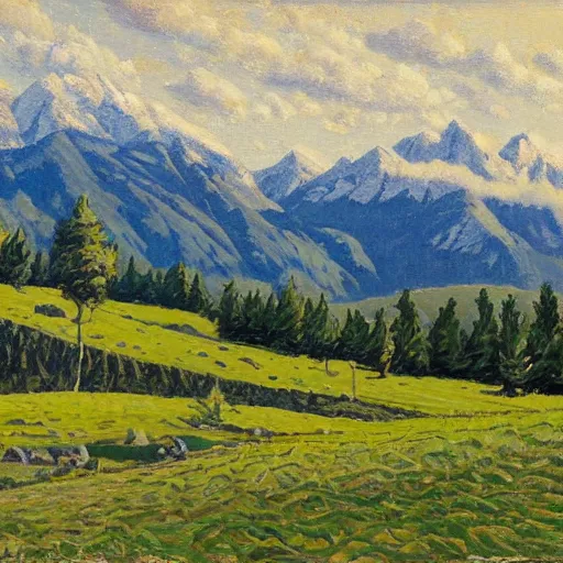 Prompt: clean grassland, snow - capped mountains in the distance, clouds in the sky, metzinger, jean