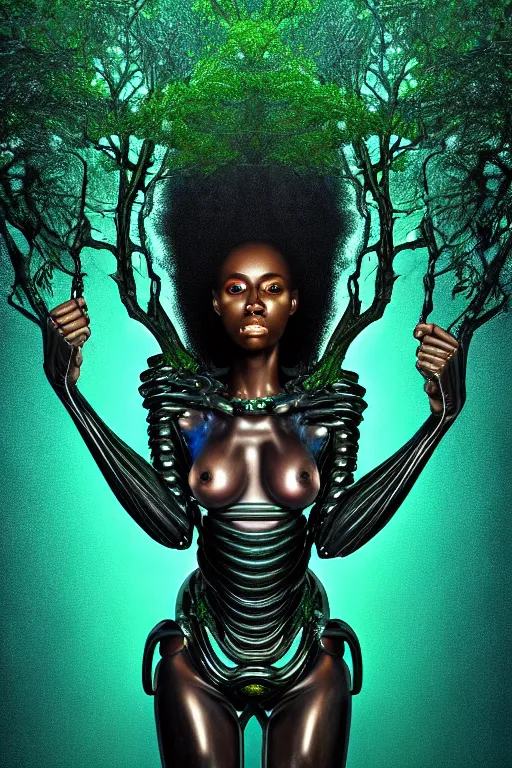 Image similar to hyperrealistic neo - baroque super expressive! black woman with exoskeleton armor, merging with tree in a forest, highly detailed digital art masterpiece smooth cam de leon eric zener dramatic pearlescent blue green light ground angle hd 8 k sharp focus