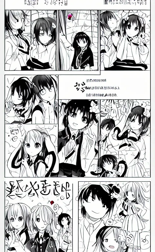 Image similar to a page of multi-panel shoujo!! ai school!! manga, black and white chibi manga!!! style, kawaii manga, japanese text kanji, coherent manga characters
