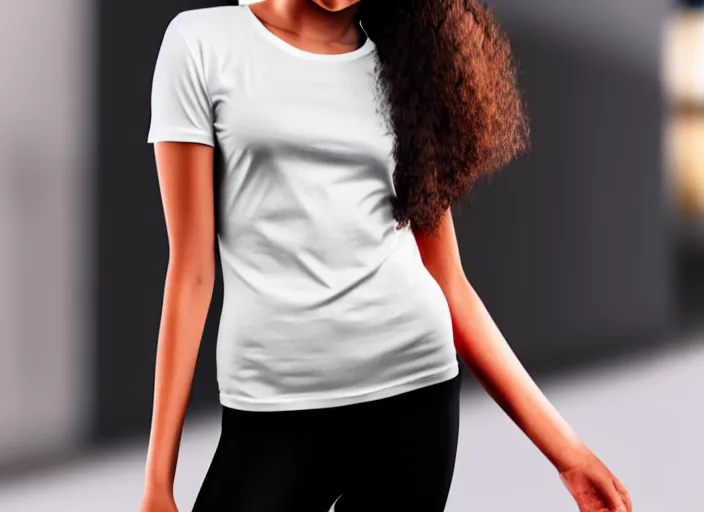 Image similar to clear photorealistic mockup product photograph of a blank black tshirt on an attractive female model in front of a lively street background