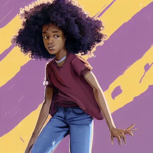 Prompt: hazel levesque, a dark skinned fourteen year old black girl with curly brown hair and amber eyes, fullbody, wearing a purple shirt and a blue jean jacket, jeans, sneakers, powerful, adorable, gem and magic theme, daughter of pluto, art by loish, stanley lau, greg rutkowski, wlop, annie leibovitz