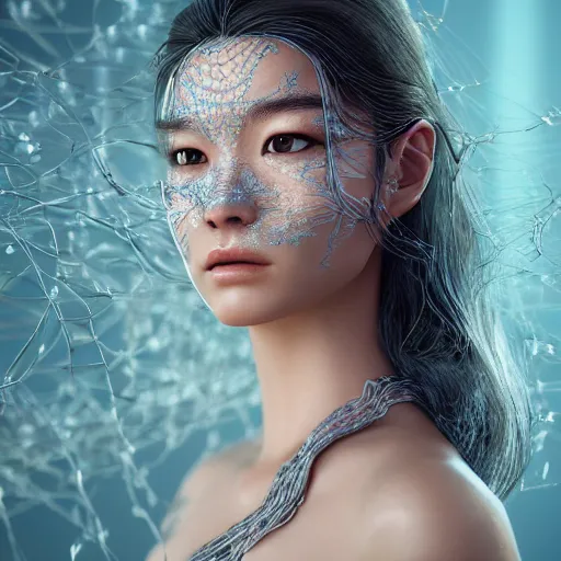 Image similar to intricate highly detailed face portrait of asian - european woman, light blue water vines on her face, intricate, cgsociety, unreal engine, octane render, sharp focus, smooth, volumetric lighting, cinematic composition, artstation