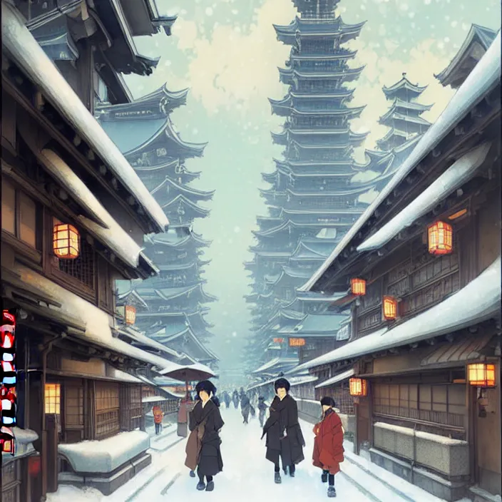 Image similar to japanese big city, winter, in the style of studio ghibli, j. c. leyendecker, greg rutkowski, artem