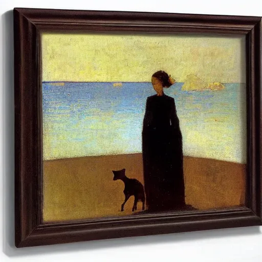 Image similar to a woman and her black and brown chihuahua by the sea by odilon redon