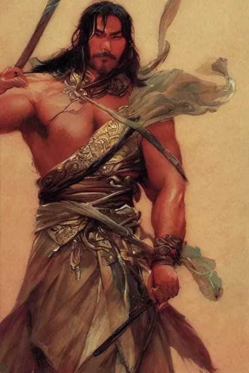 Prompt: wuxia, attractive beefy man, character design, colorful, painting by gaston bussiere, craig mullins, j. c. leyendecker, tom of finland