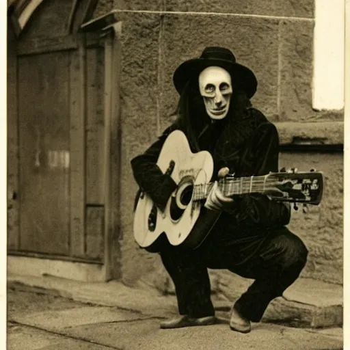 Image similar to vintage photograph of count orlok crouched outside his castle, playing the blues on guitar, 4 k