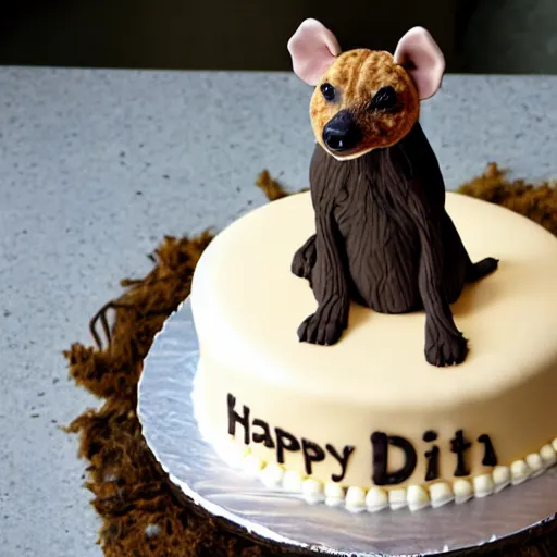 Prompt: a birthday cake with a hyena sitting on top