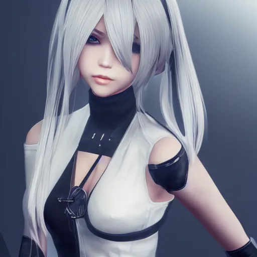 Prompt: 2B Nier automata, portrait, 4k, realistic, unreal engine render, trending in artstation, artstationHD, artstationHQ